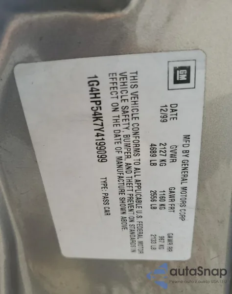 2000 Buick Lesabre Custom z USA, uszkodzony, nr VIN 1G4HP54K7Y4199099